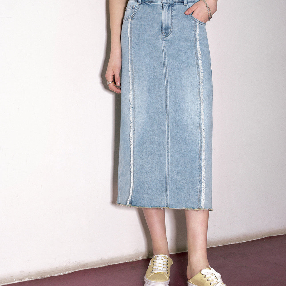 ELFSACK Raw edge splicing high waisted denim skirt for women's 2024 spring new popular casual slimming A-line skirt