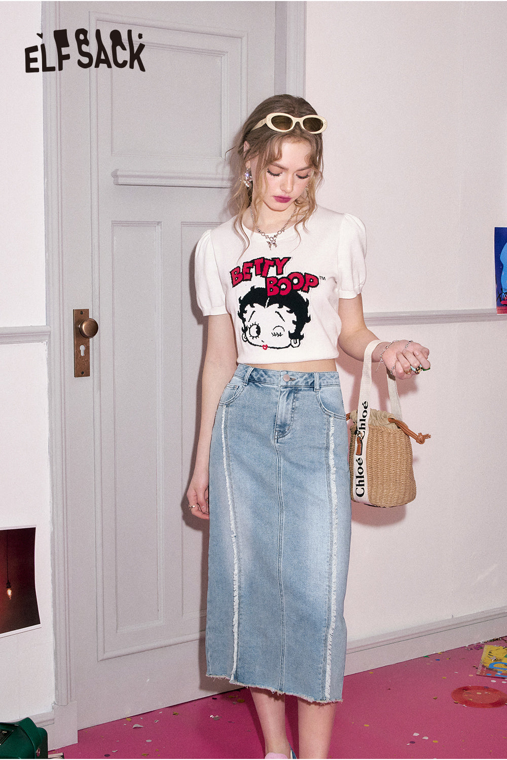 ELFSACK Raw edge splicing high waisted denim skirt's spring popular casual slimming A-line skirt