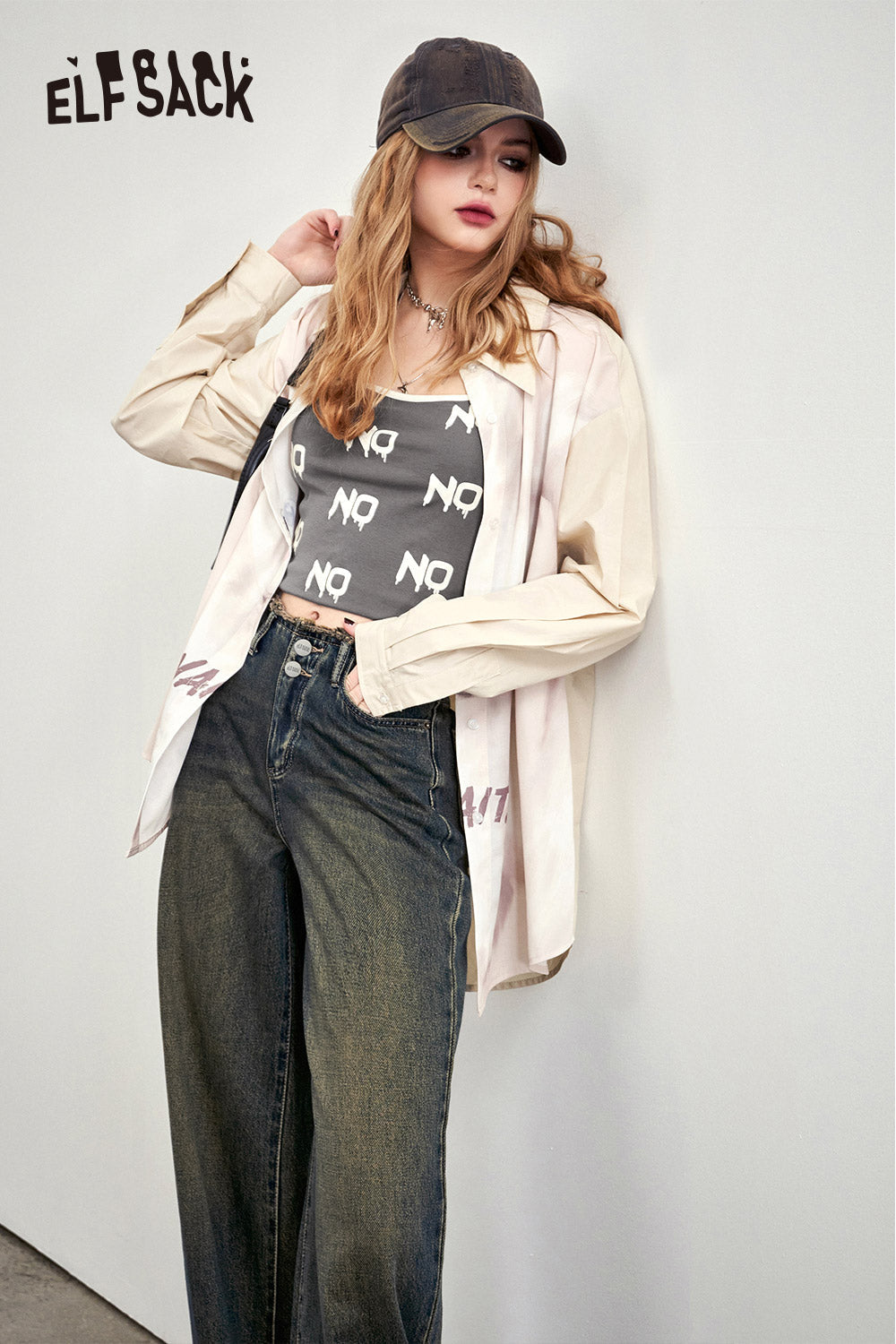 ELFSACK Letter printed gray camisole vest's spring slim fit versatile bottom top