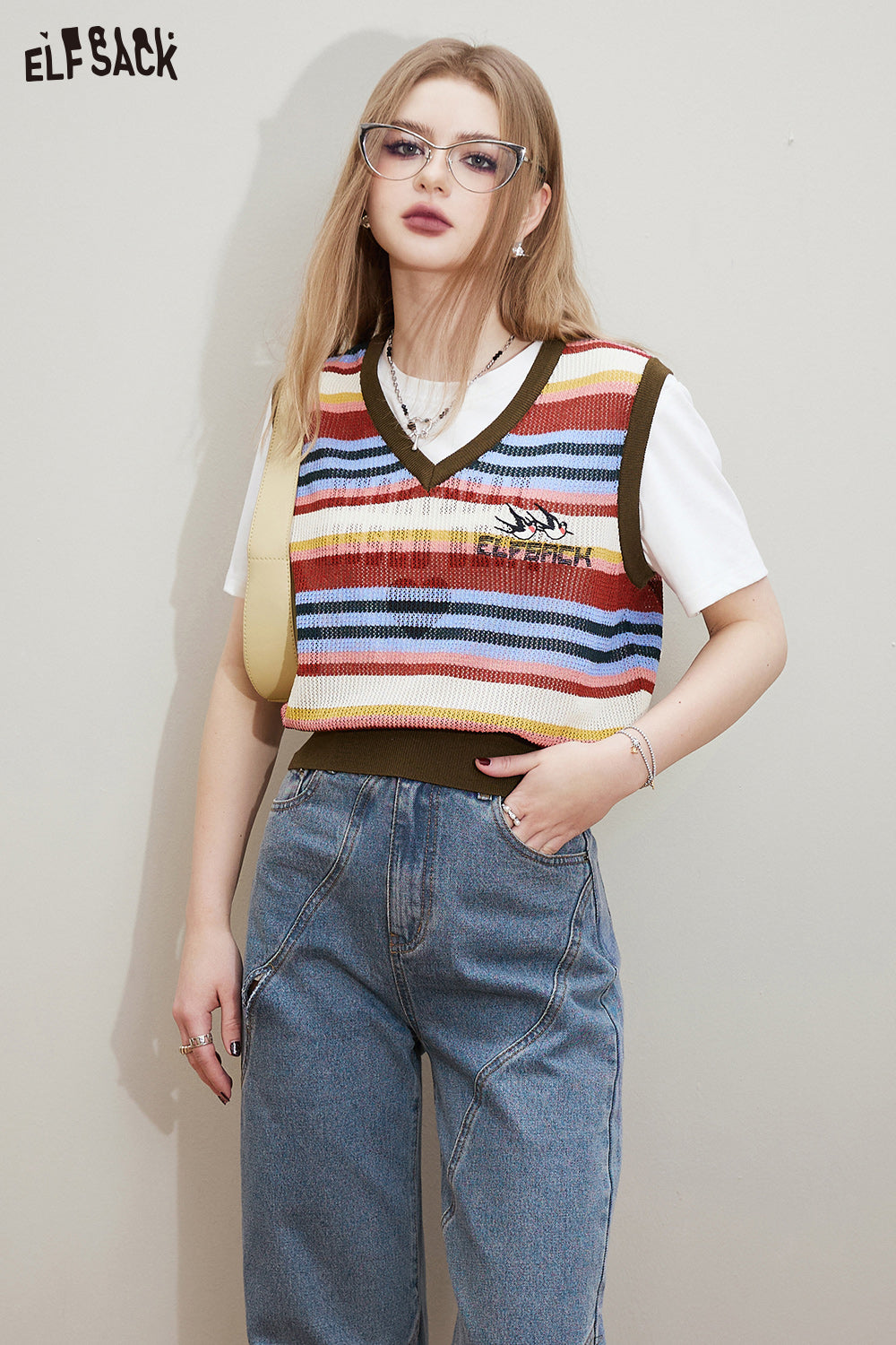 ELFSACK Striped V-neck knitted vest's spring small loose layered top