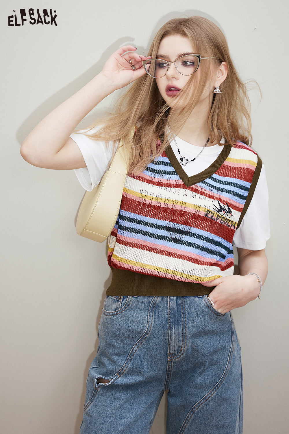 ELFSACK Striped V-neck knitted vest's spring small loose layered top