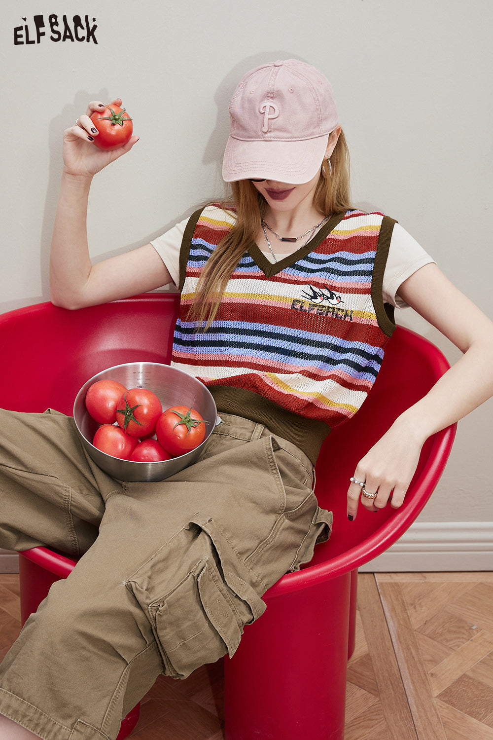 ELFSACK Striped V-neck knitted vest's spring small loose layered top