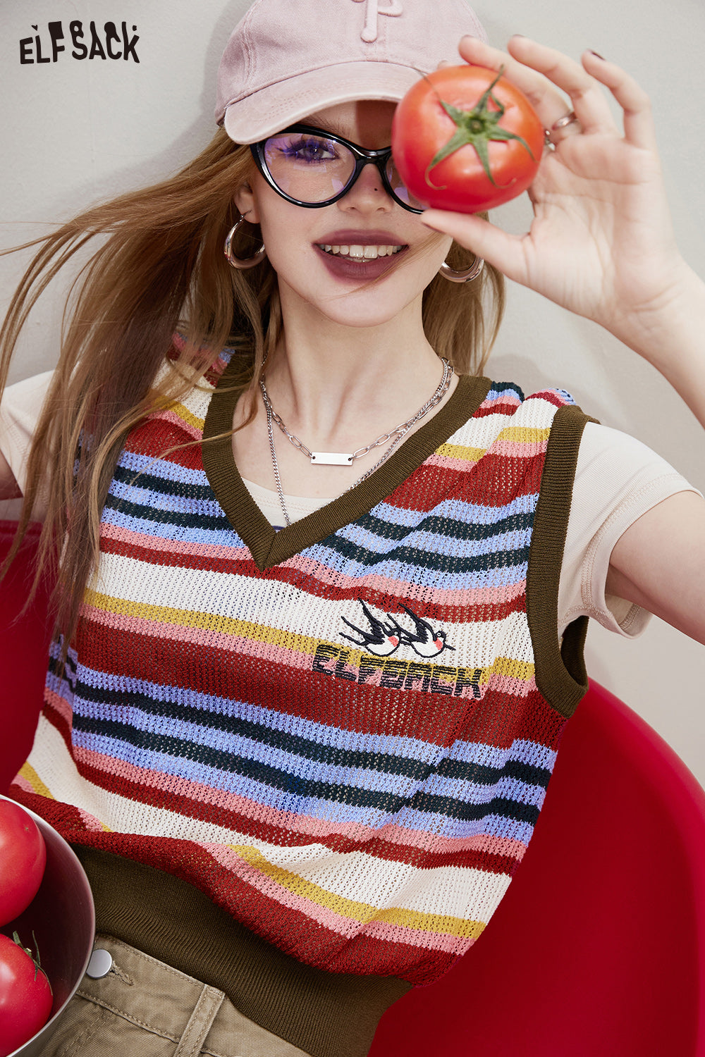ELFSACK Striped V-neck knitted vest's spring small loose layered top