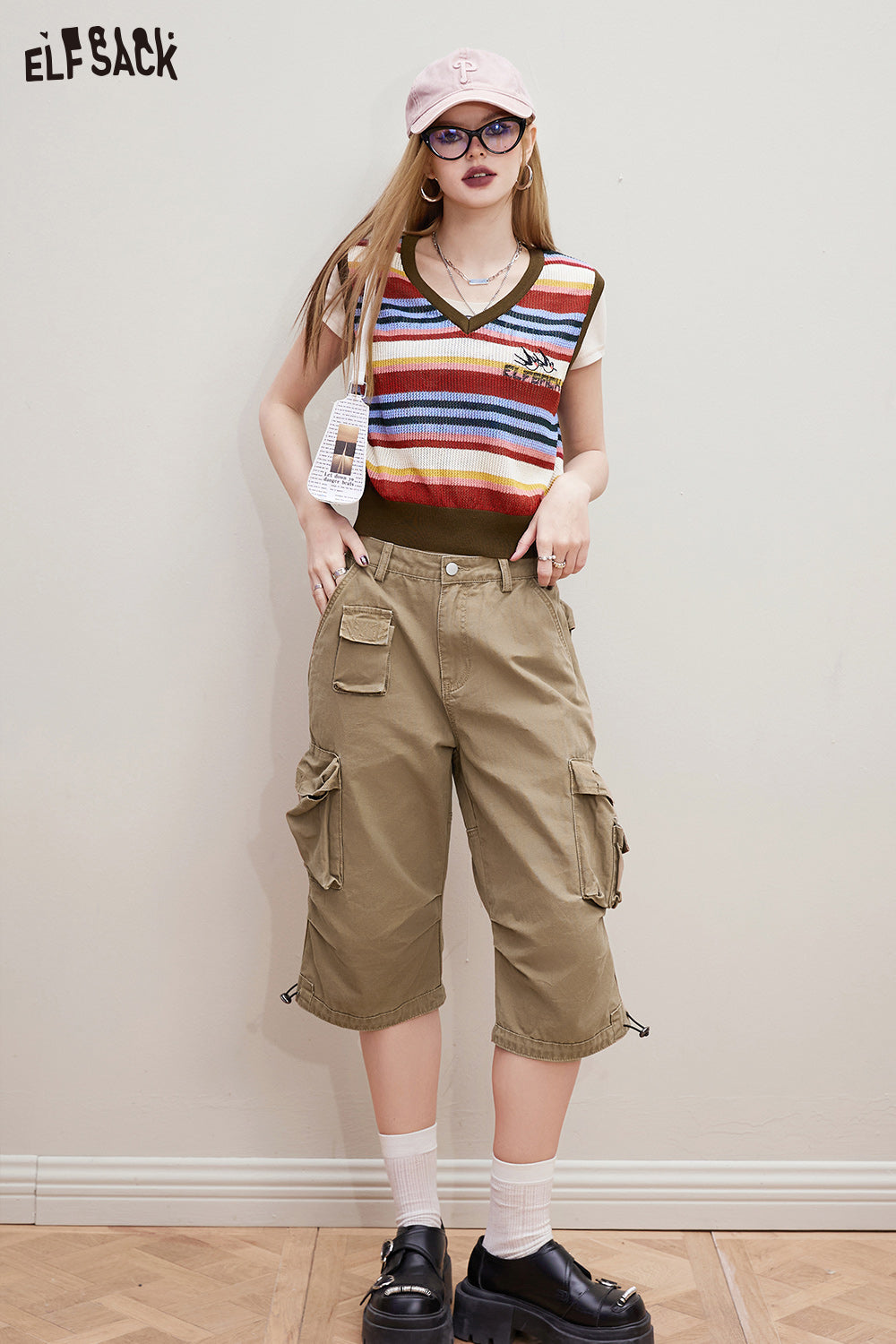 ELFSACK Striped V-neck knitted vest's spring small loose layered top