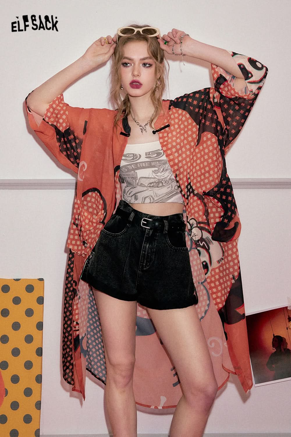 ELFSACK 24 year summer improved cheongsam dress's casual retro Chinese style shirt skirt