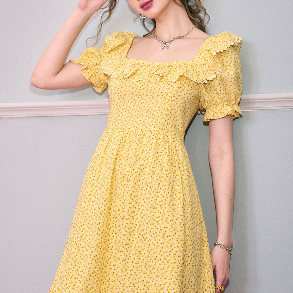 ELFSACK 2024 summer new arrival picnic travel vacation holiday soft comfortable fitted bubble sleeved floral dress slim elegant waist princess dress squre neck casual