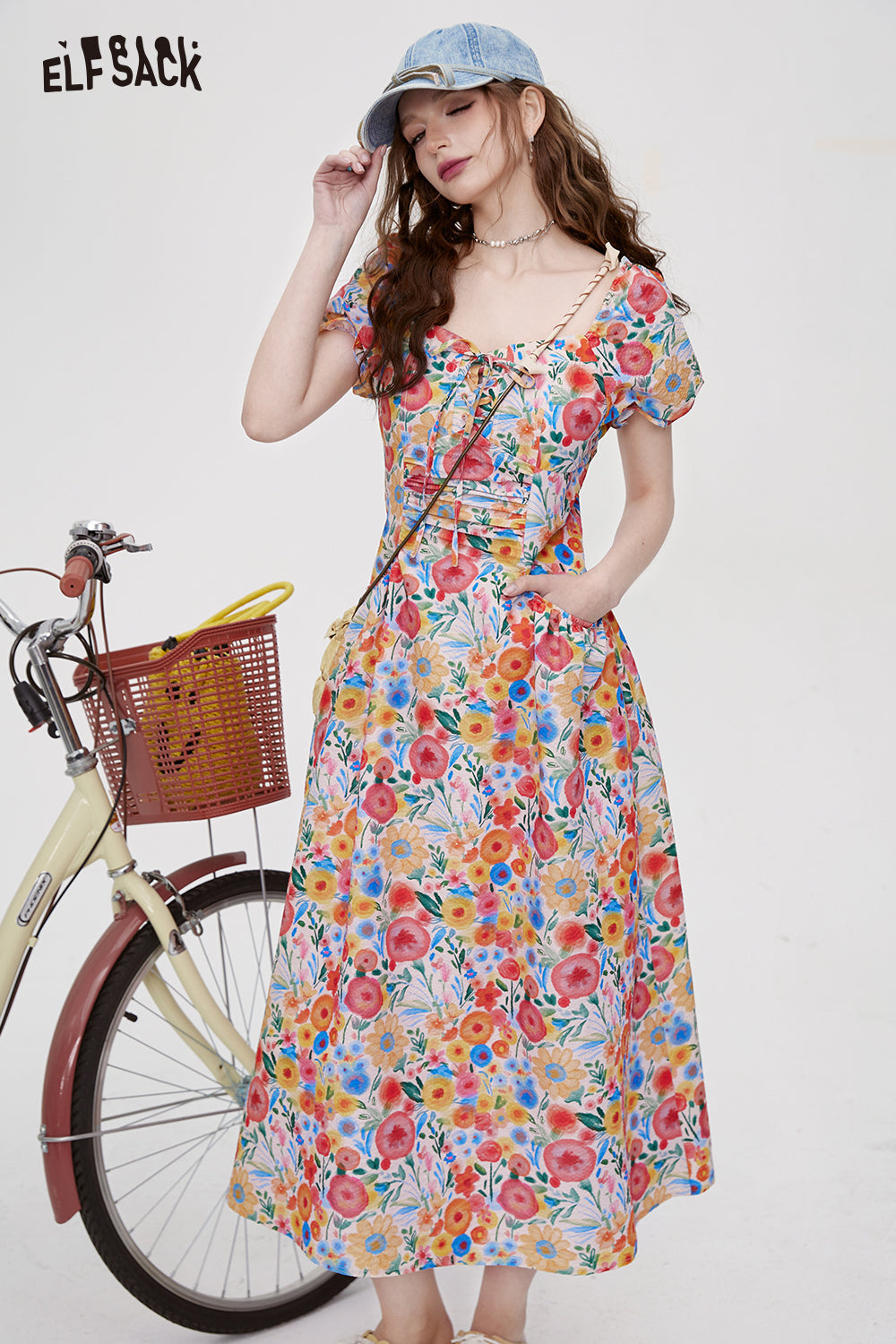 ELFSACK picnic travel vacation holiday soft comfortable fitted puff bubble dress princess floral fragmented flowers elastic waist