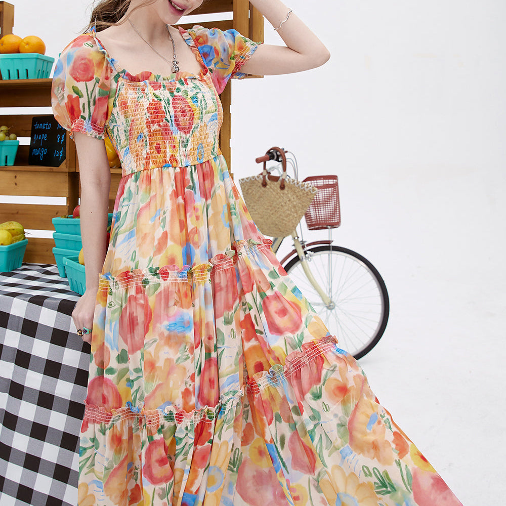 ELFSACK 2024 summer new arrival picnic travel vacation holiday soft comfortable fitted mushroom edge dress cake dress fragmented flowers floral casual square neck