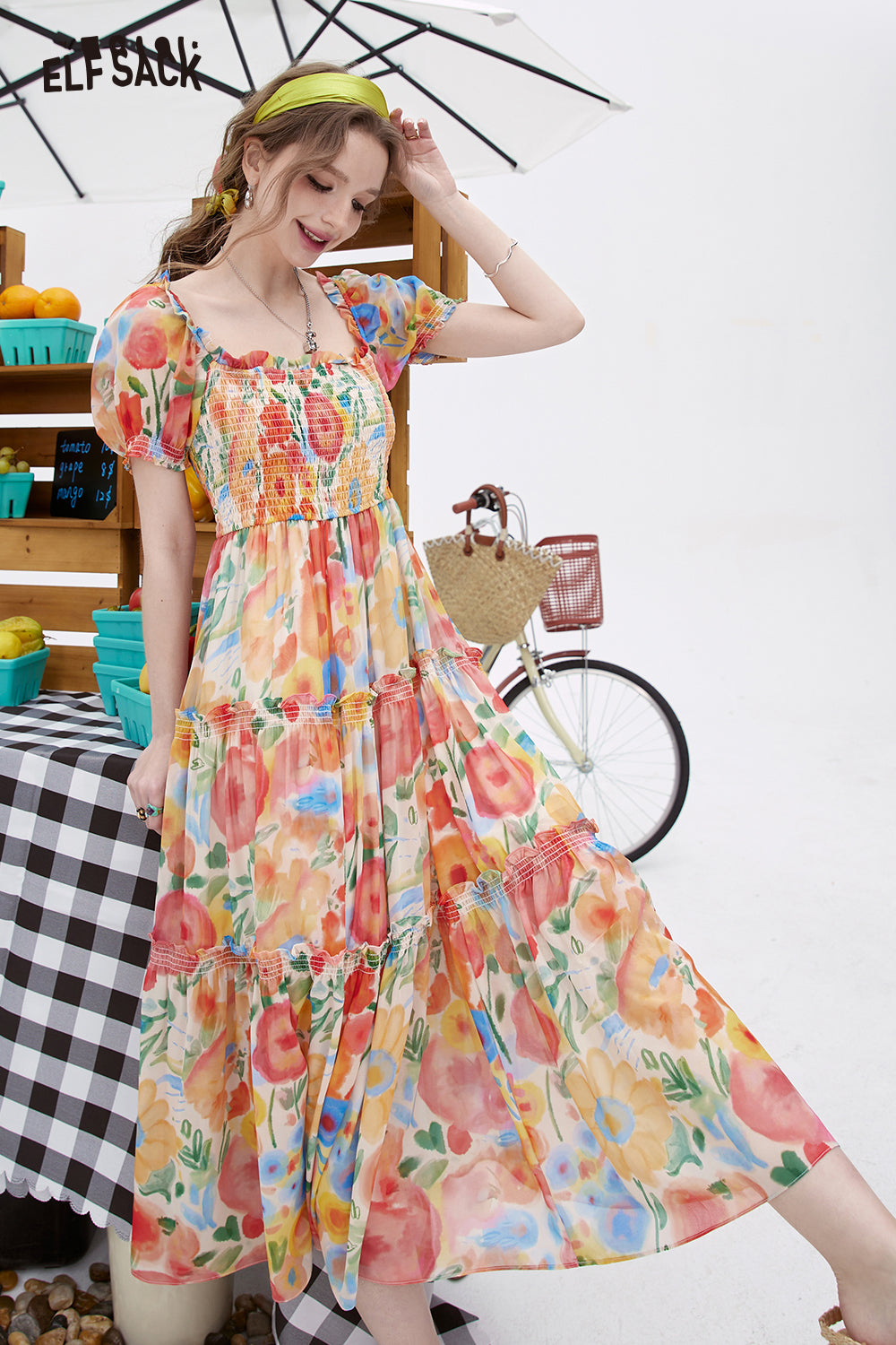 ELFSACK 2024 summer new arrival picnic travel vacation holiday soft comfortable fitted mushroom edge dress cake dress fragmented flowers floral casual square neck