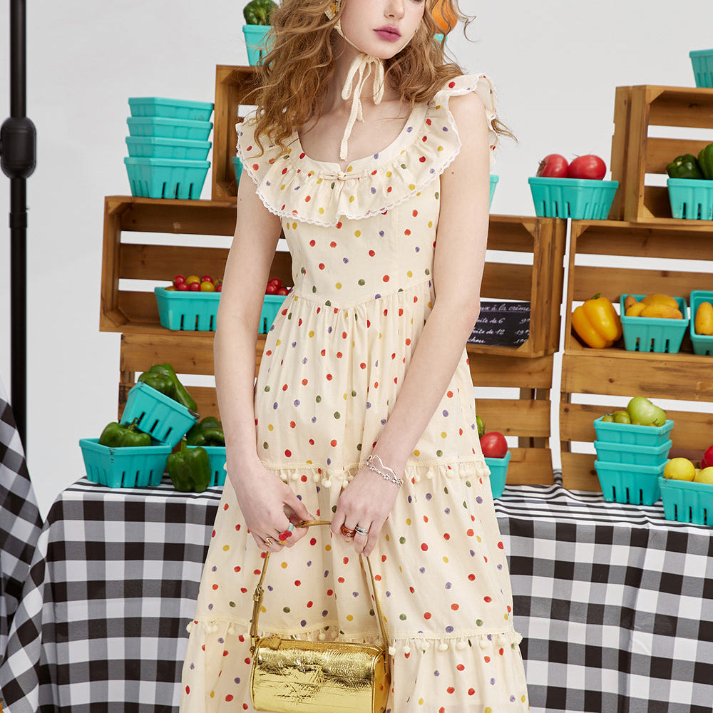 ELFSACK 2024 summer new arrival picnic travel vacation holiday soft comfortable fitted polka dot Chinese style dress button waist cinching skirt U-neck long dress pullover