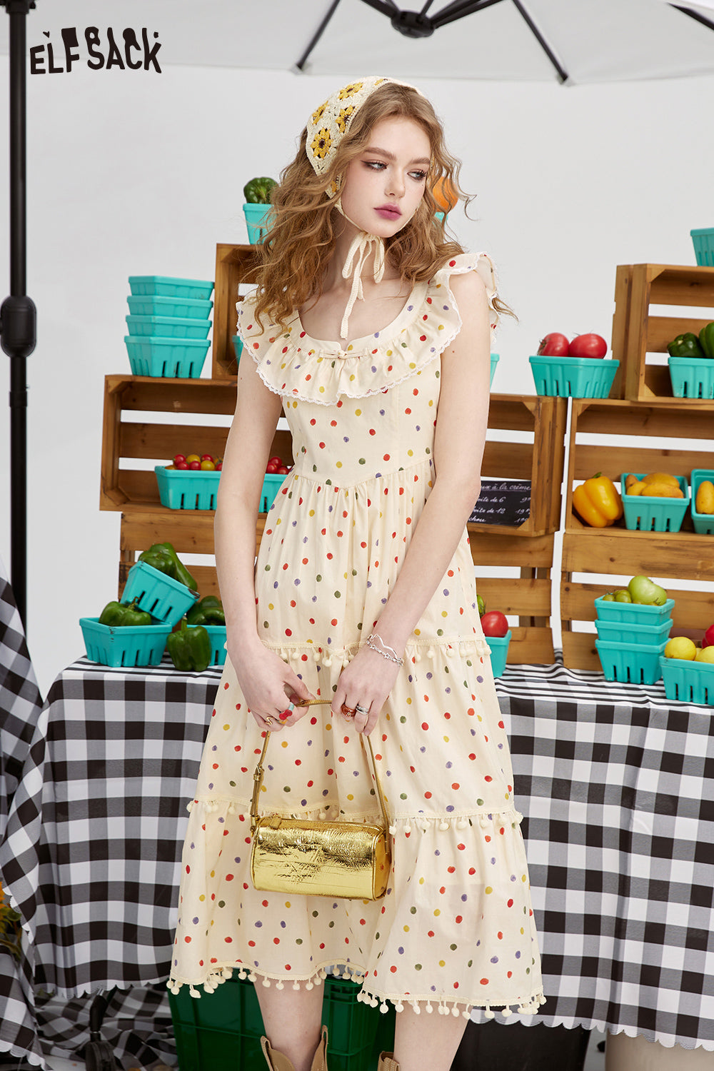 ELFSACK picnic travel vacation holiday soft comfortable fitted polka dot Chinese style dress button waist cinching skirt U-neck long dress pullover