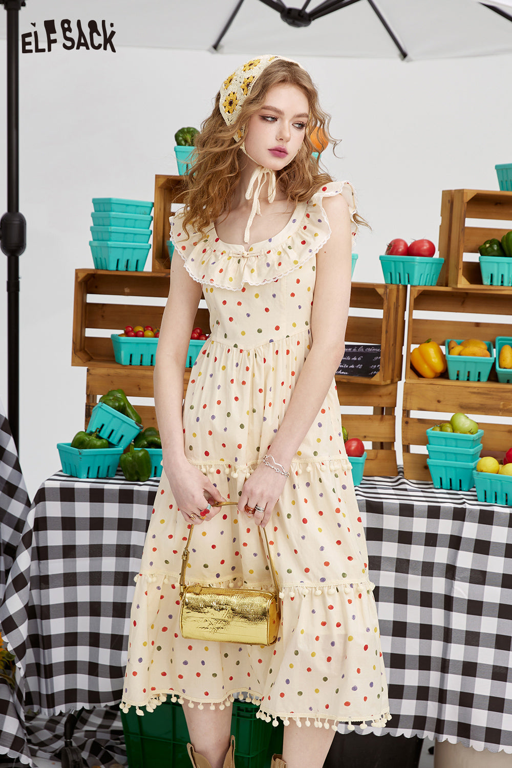 
                  
                    ELFSACK 2024 summer new arrival picnic travel vacation holiday soft comfortable fitted polka dot Chinese style dress button waist cinching skirt U-neck long dress pullover
                  
                