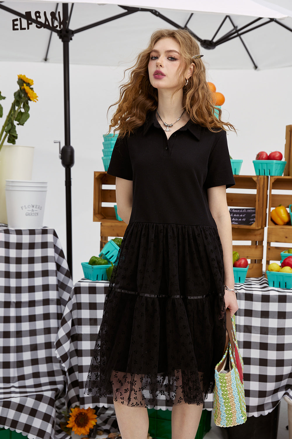 ELFSACK picnic travel vacation holiday soft comfortable fitted mesh patchwork dress shirt collar yarn casual lace