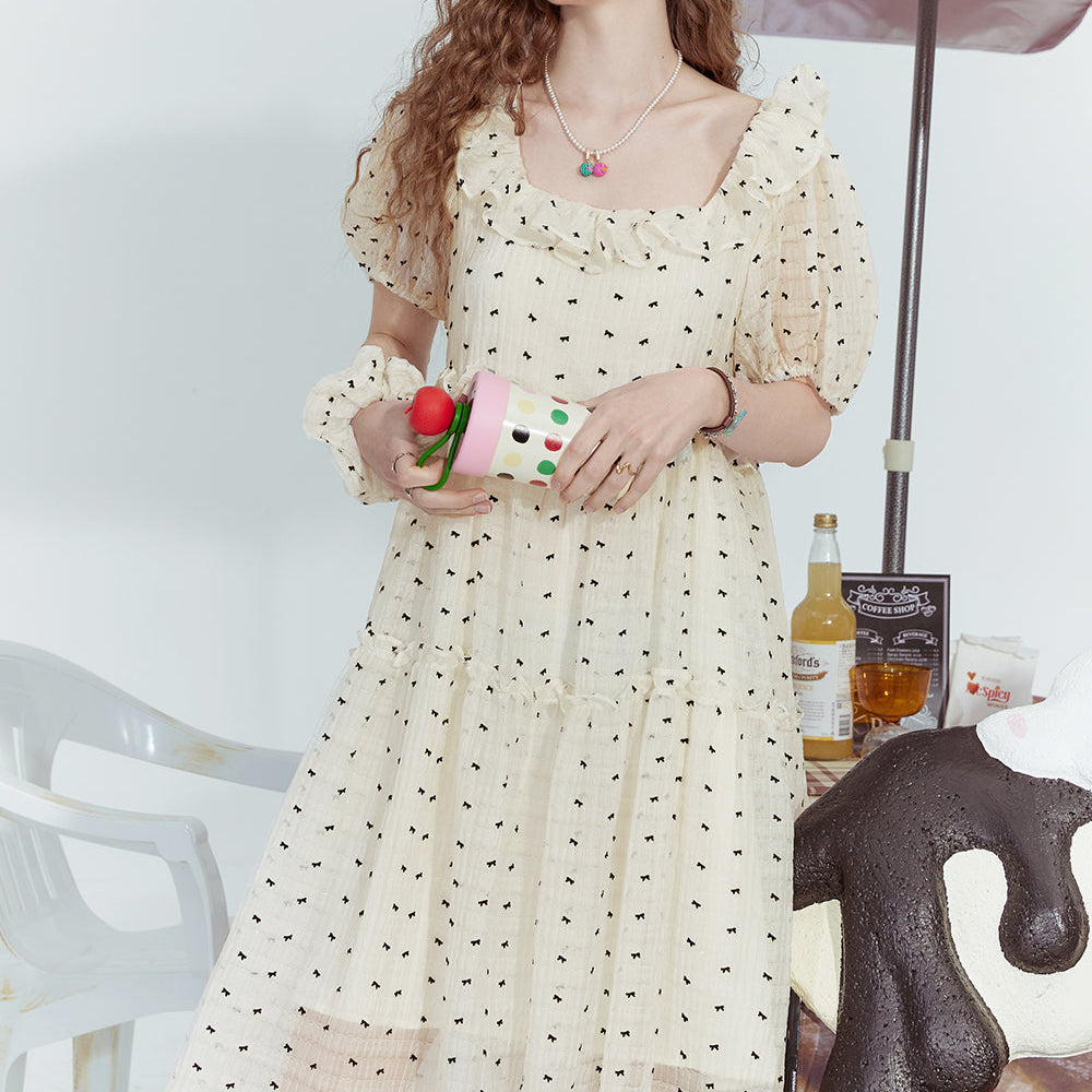 ELFSACK 2024 Summer New White bow print waist slimming gentle temperament chiffon dress for women