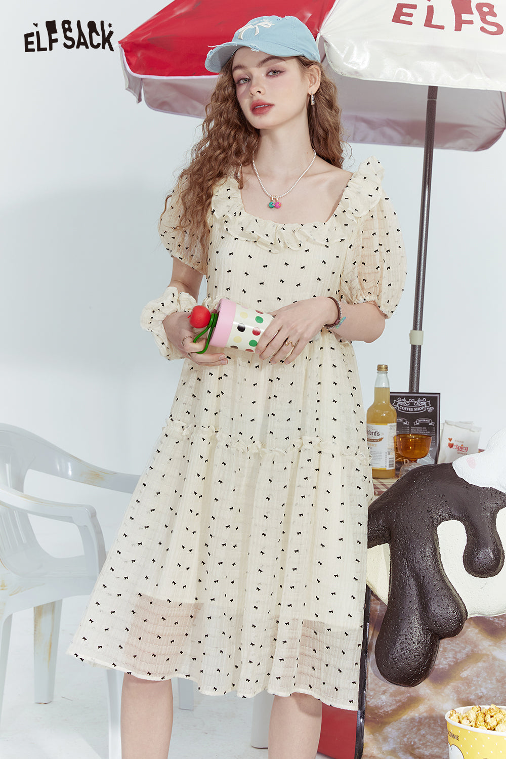ELFSACK White bow print waist slimming gentle temperament chiffon dress