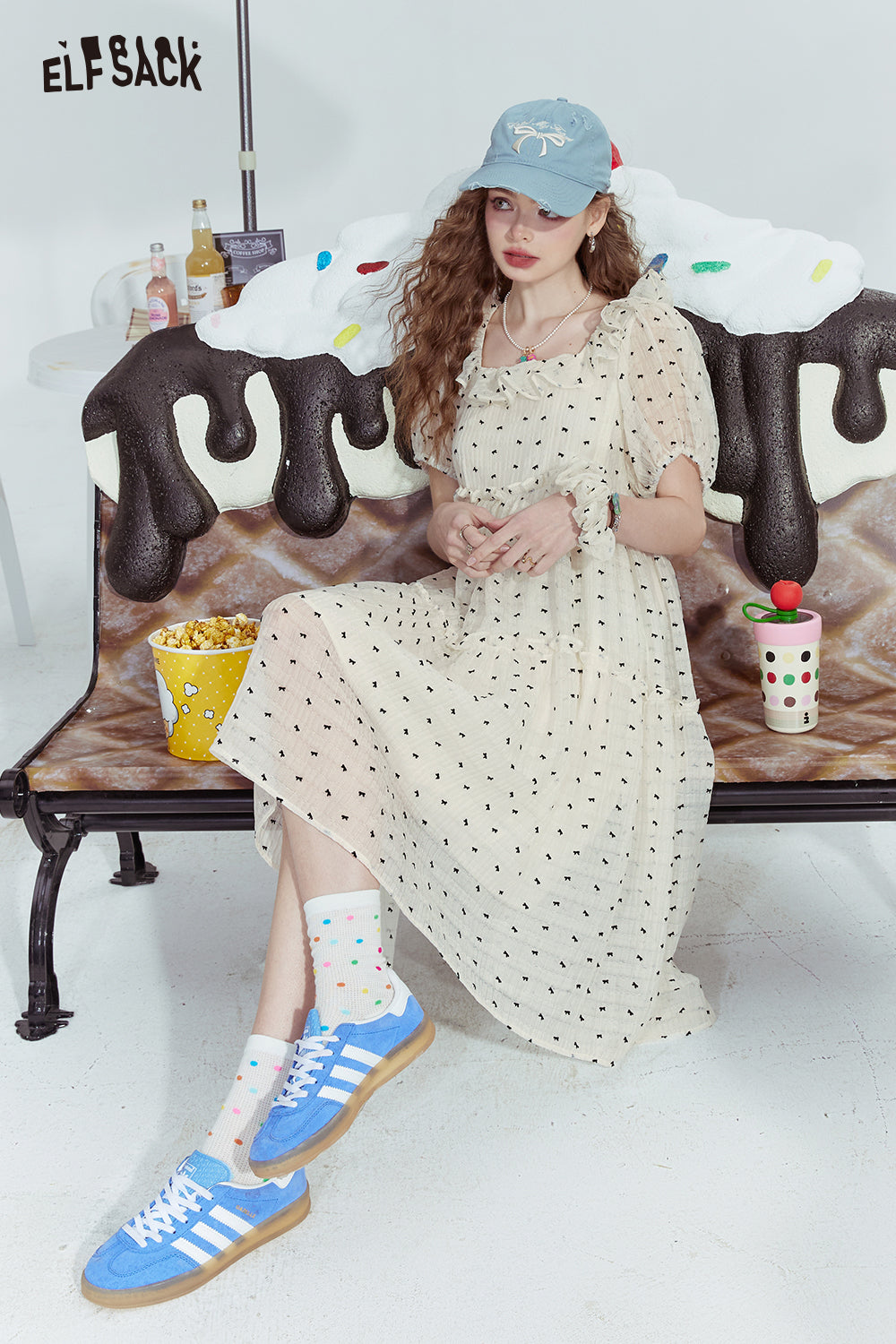 ELFSACK White bow print waist slimming gentle temperament chiffon dress