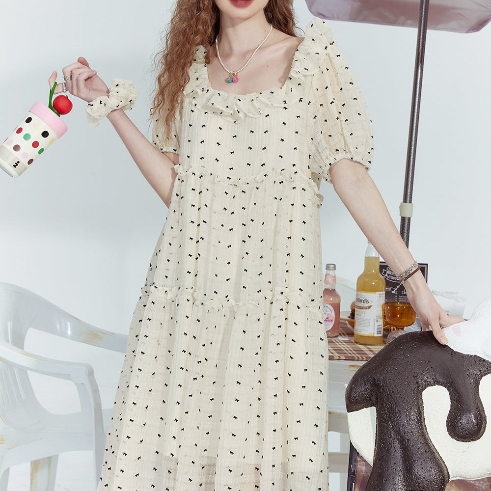 
                  
                    ELFSACK 2024 Summer New White bow print waist slimming gentle temperament chiffon dress for women
                  
                