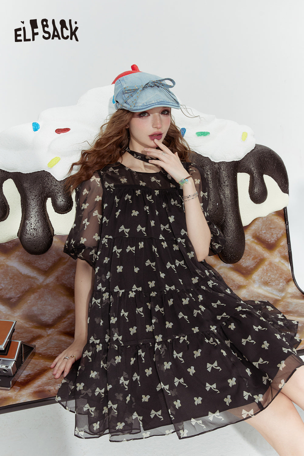 ELFSACK Pink Bow Cute Princess Style Cake Print Chiffon Dress