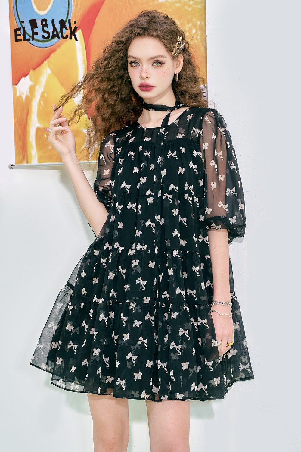 ELFSACK Pink Bow Cute Princess Style Cake Print Chiffon Dress