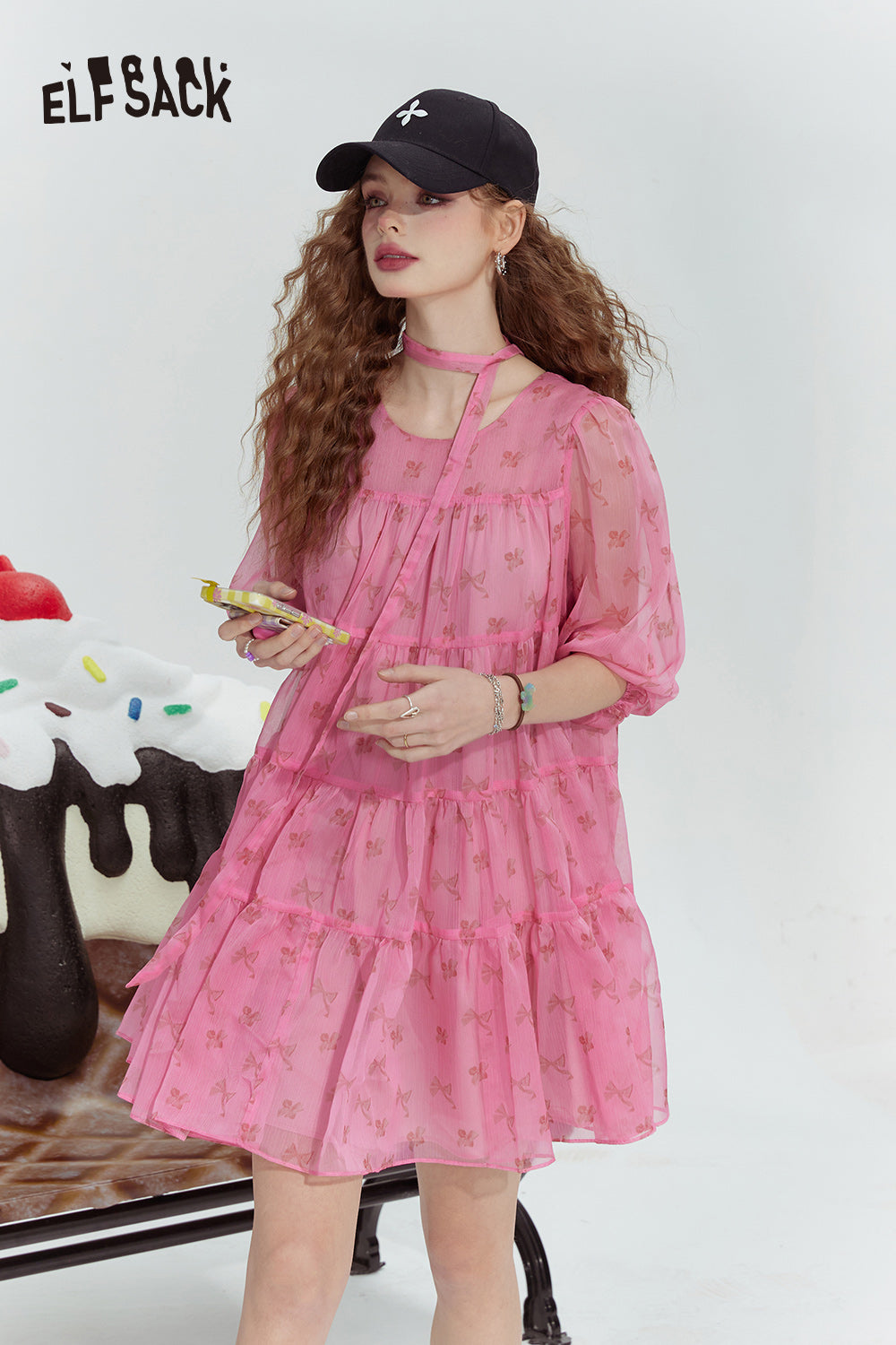 ELFSACK Pink Bow Cute Princess Style Cake Print Chiffon Dress