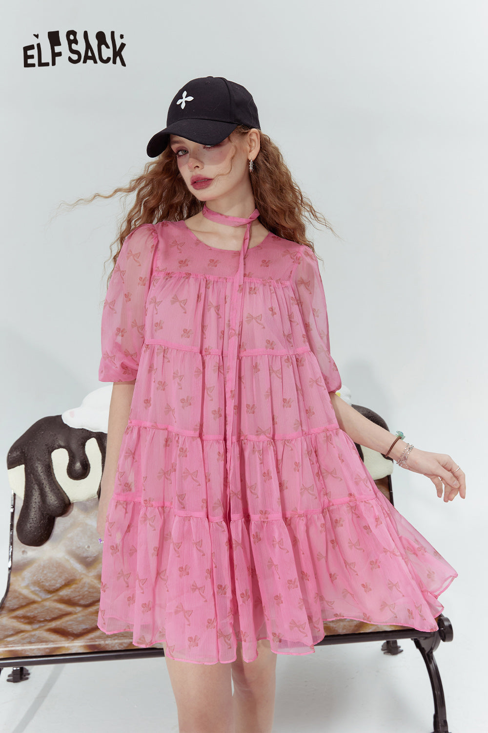 ELFSACK Pink Bow Cute Princess Style Cake Print Chiffon Dress