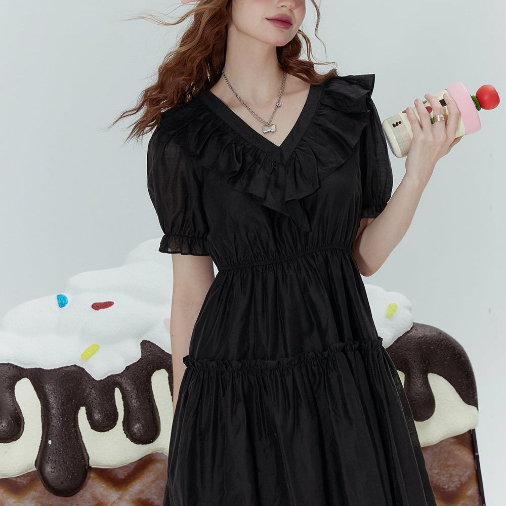 ELFSACK 2024 Summer New Ice silk ruffled black slim intellectual French style v-neck dress for women