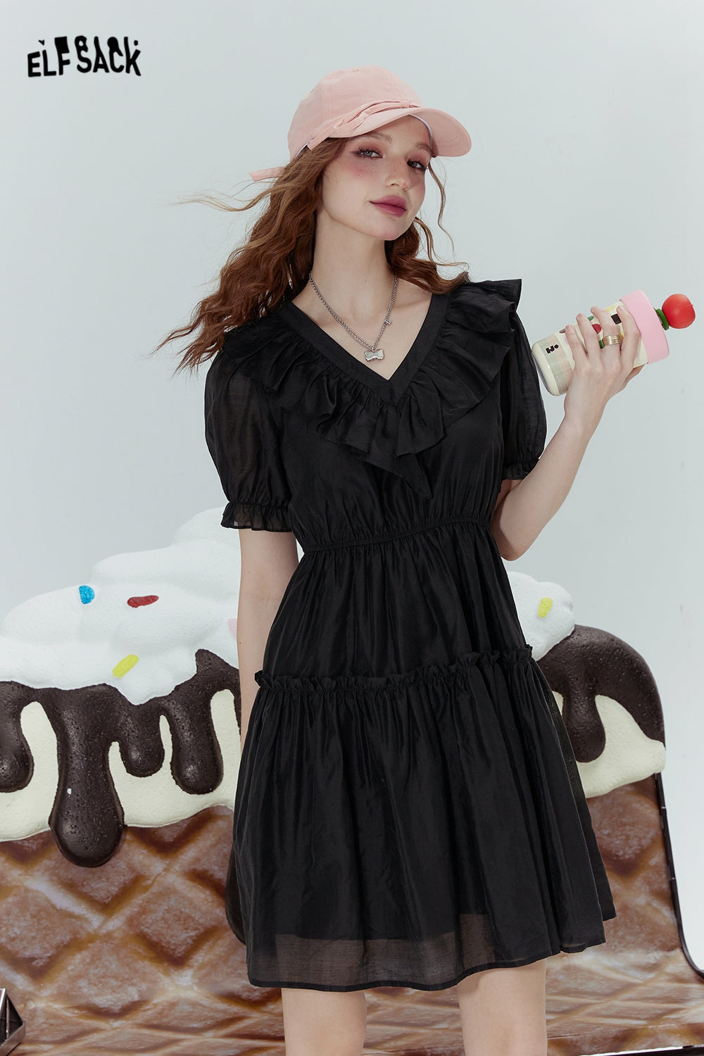 ELFSACK Ice silk ruffled black slim intellectual French style v-neck dress