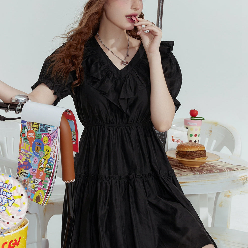 
                  
                    ELFSACK 2024 Summer New Ice silk ruffled black slim intellectual French style v-neck dress for women
                  
                