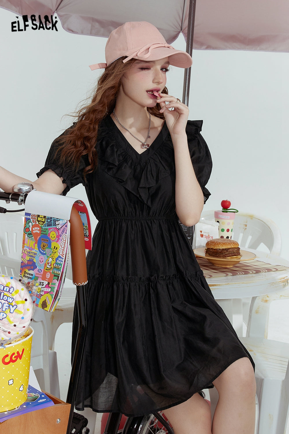 ELFSACK Ice silk ruffled black slim intellectual French style v-neck dress
