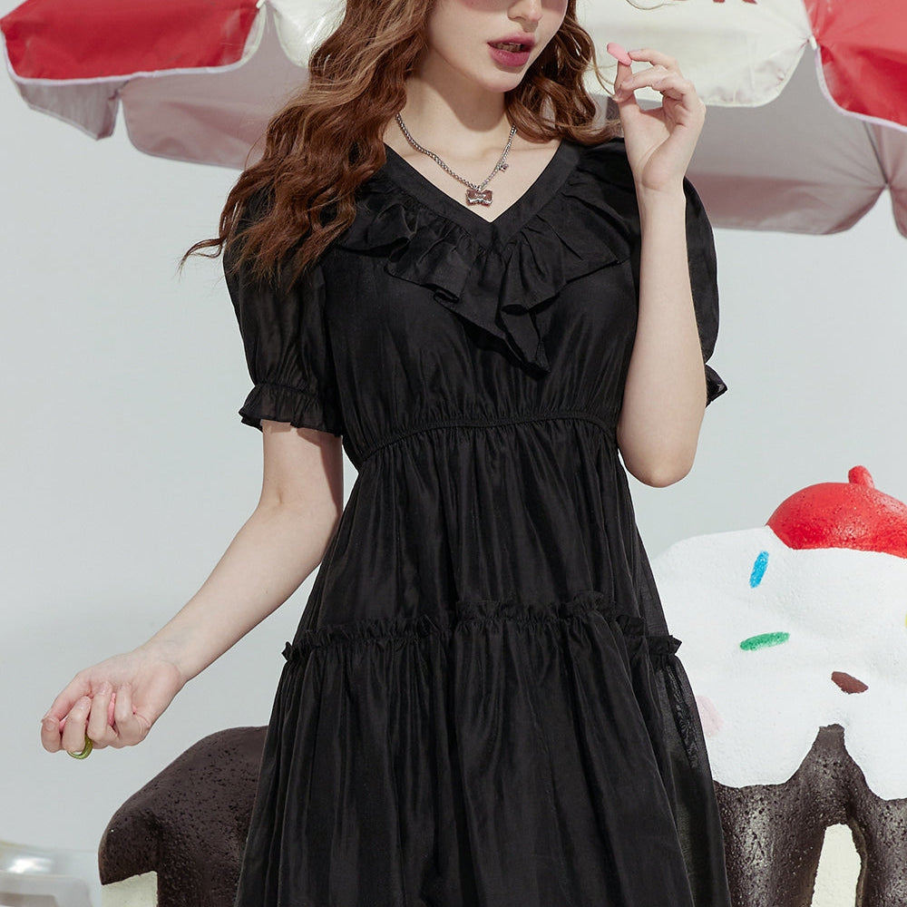 
                  
                    ELFSACK 2024 Summer New Ice silk ruffled black slim intellectual French style v-neck dress for women
                  
                