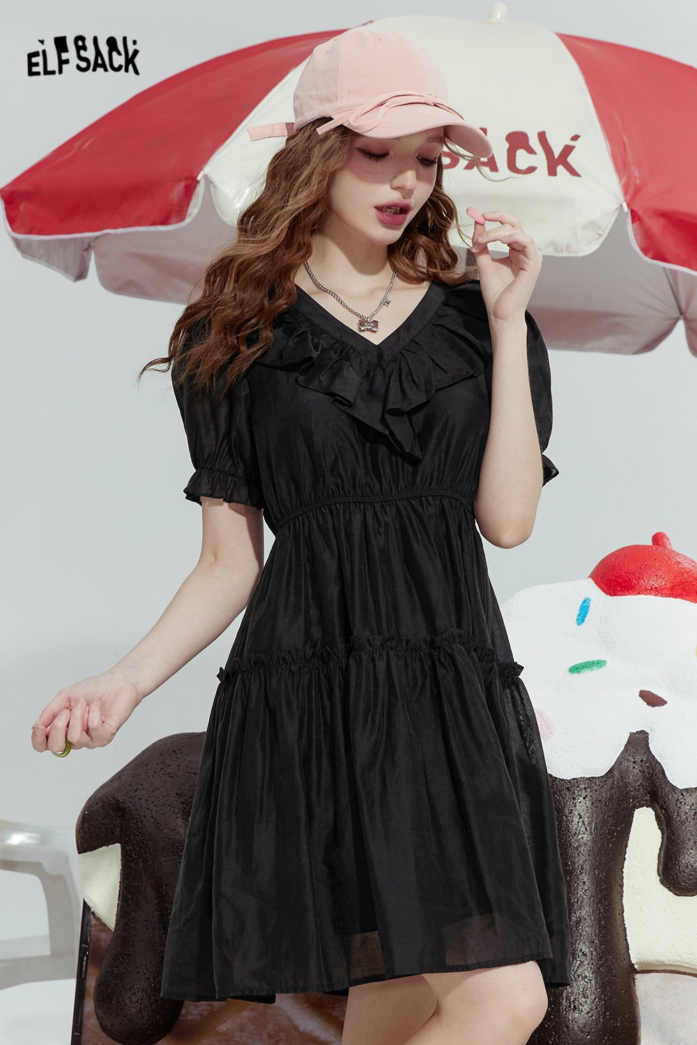 ELFSACK Ice silk ruffled black slim intellectual French style v-neck dress