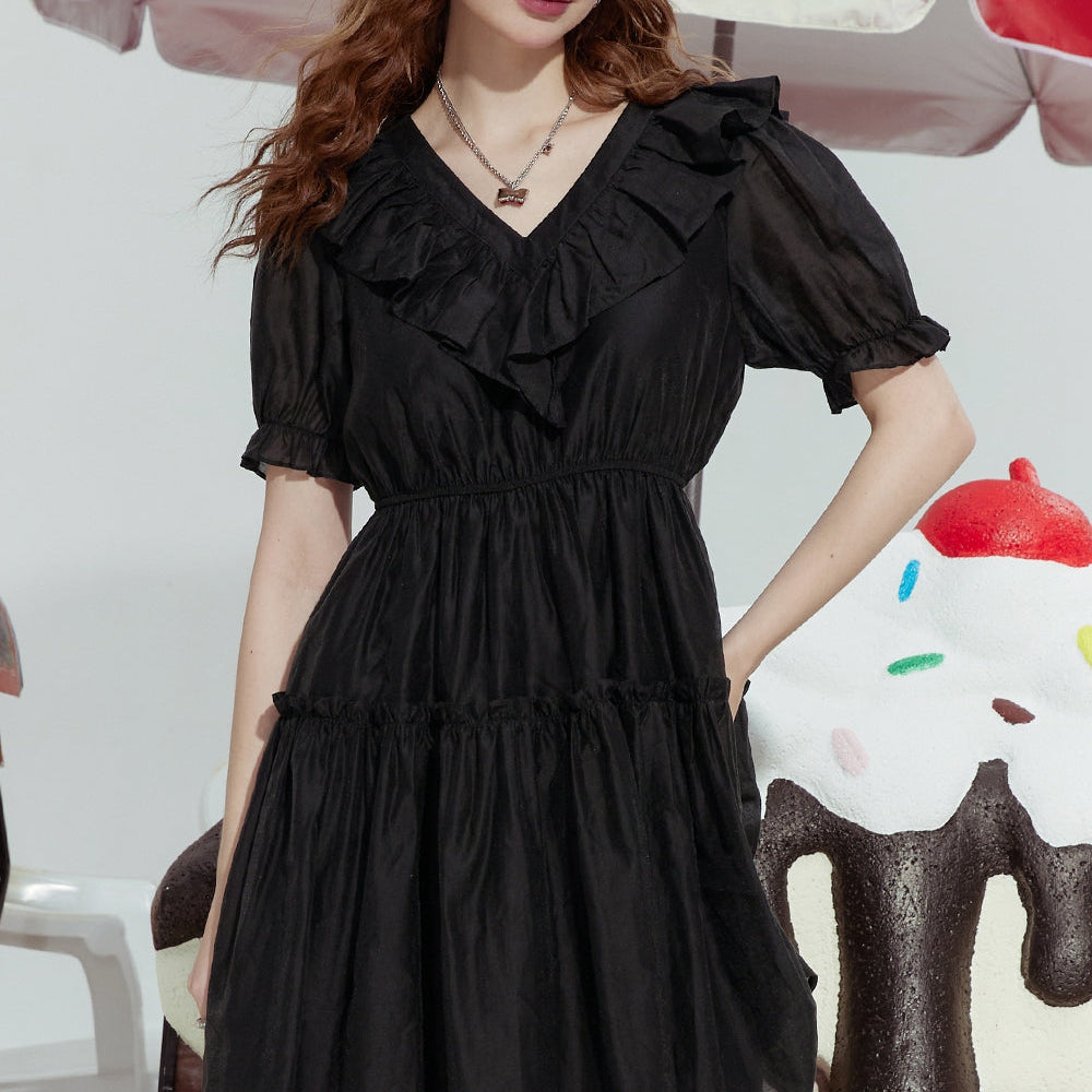 
                  
                    ELFSACK 2024 Summer New Ice silk ruffled black slim intellectual French style v-neck dress for women
                  
                