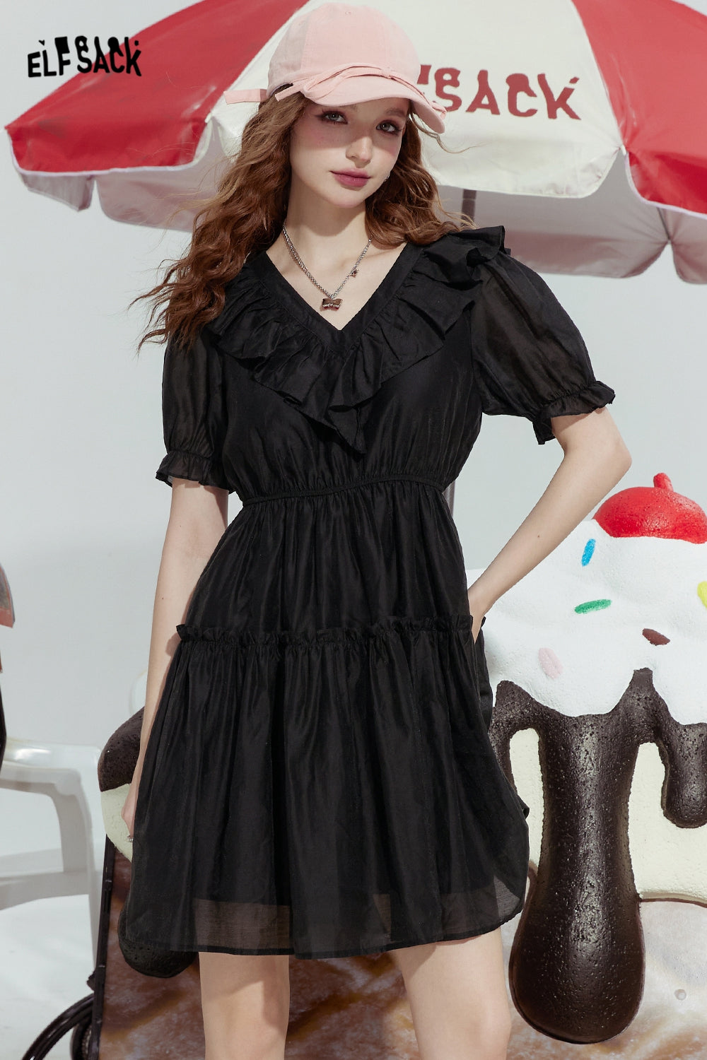 ELFSACK Ice silk ruffled black slim intellectual French style v-neck dress