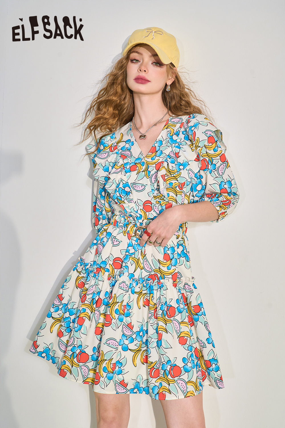 ELFSACK Mushroom Edge V-Neck Waist Wrapped Dress's Slim and Fragmented Flower Skirt