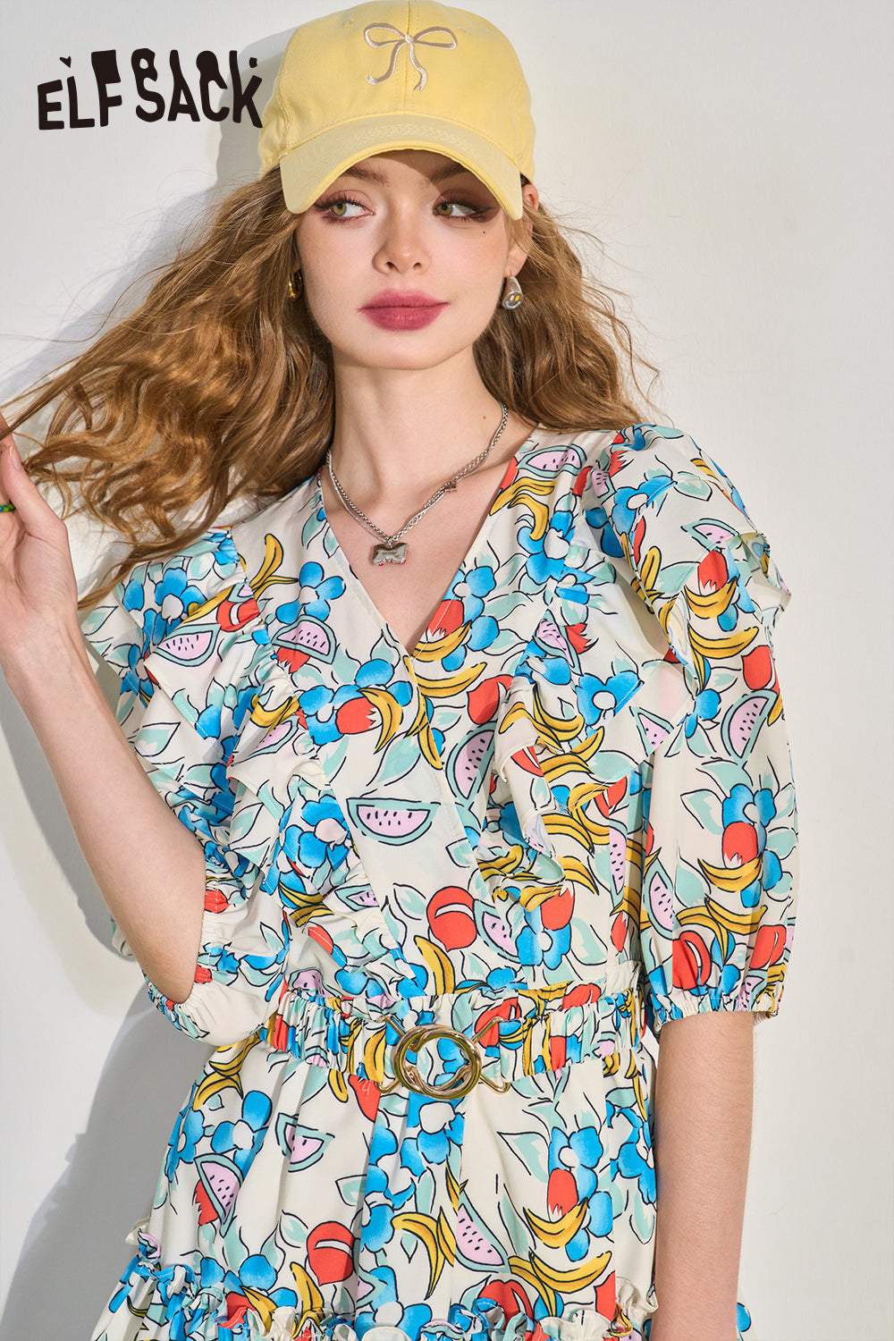 ELFSACK Mushroom Edge V-Neck Waist Wrapped Dress's Slim and Fragmented Flower Skirt