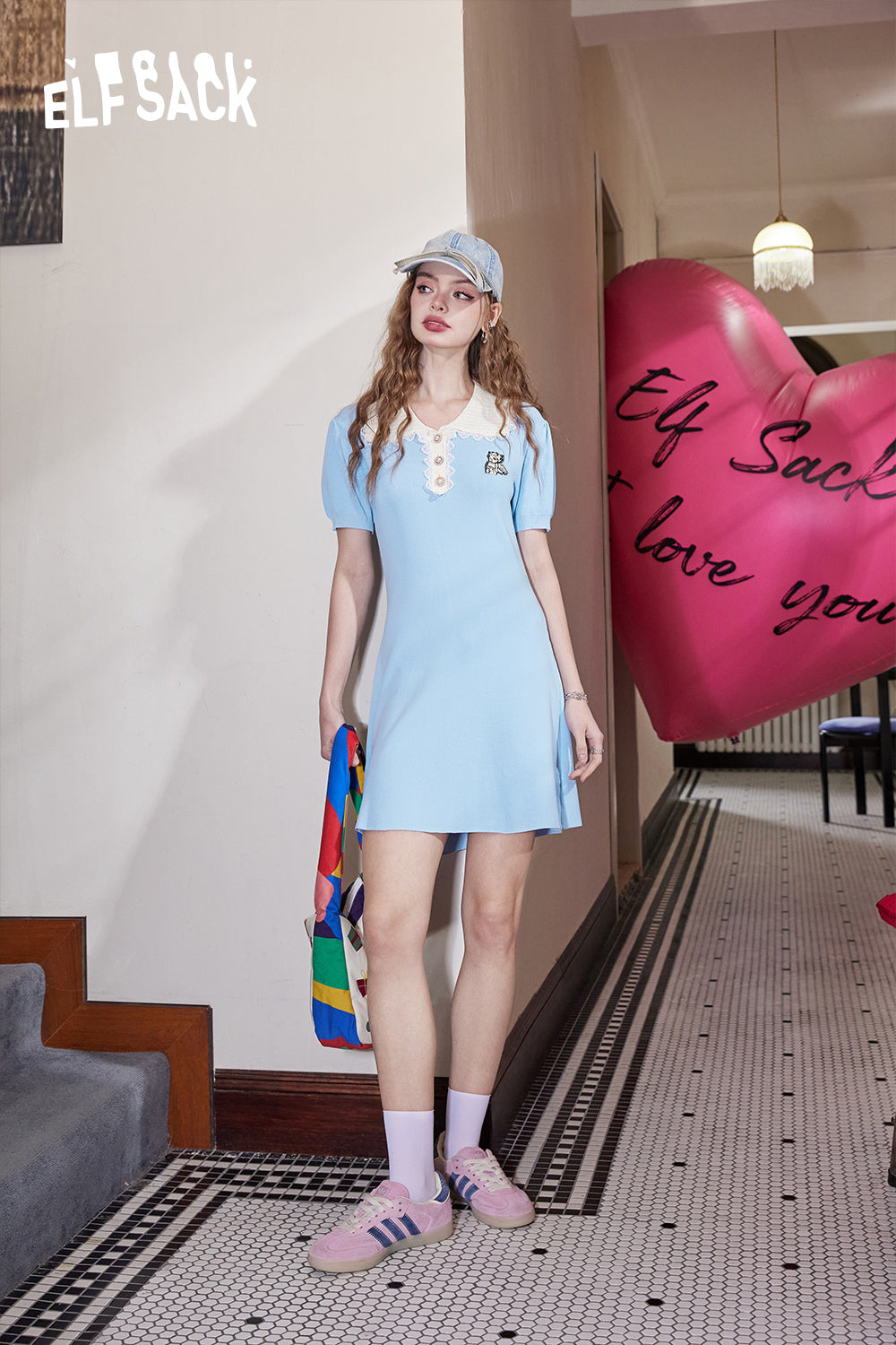 ELFSACK Polo collar waist angel pattern sports sweet preppy style skirt dress