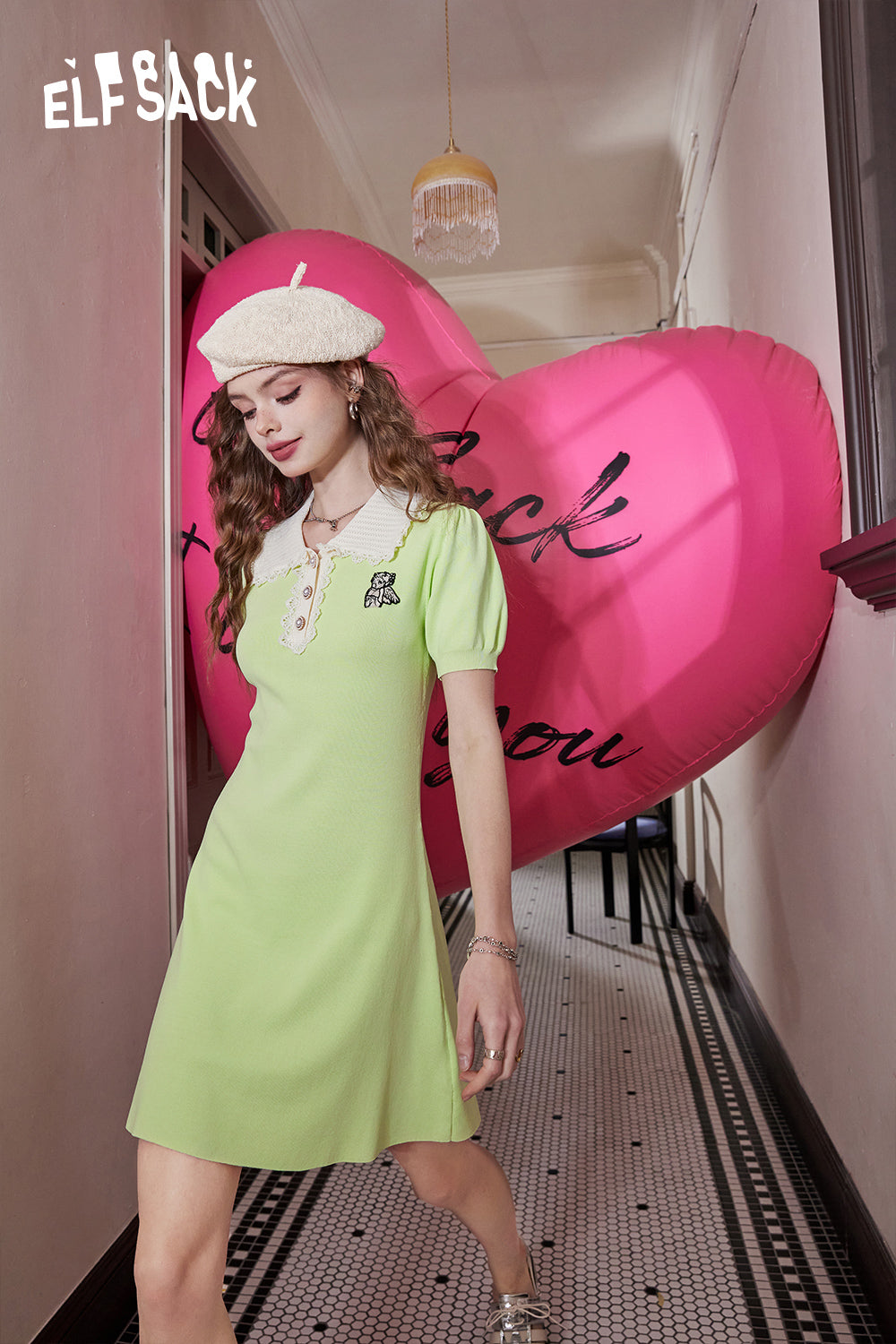 ELFSACK Polo collar waist angel pattern sports sweet preppy style skirt dress