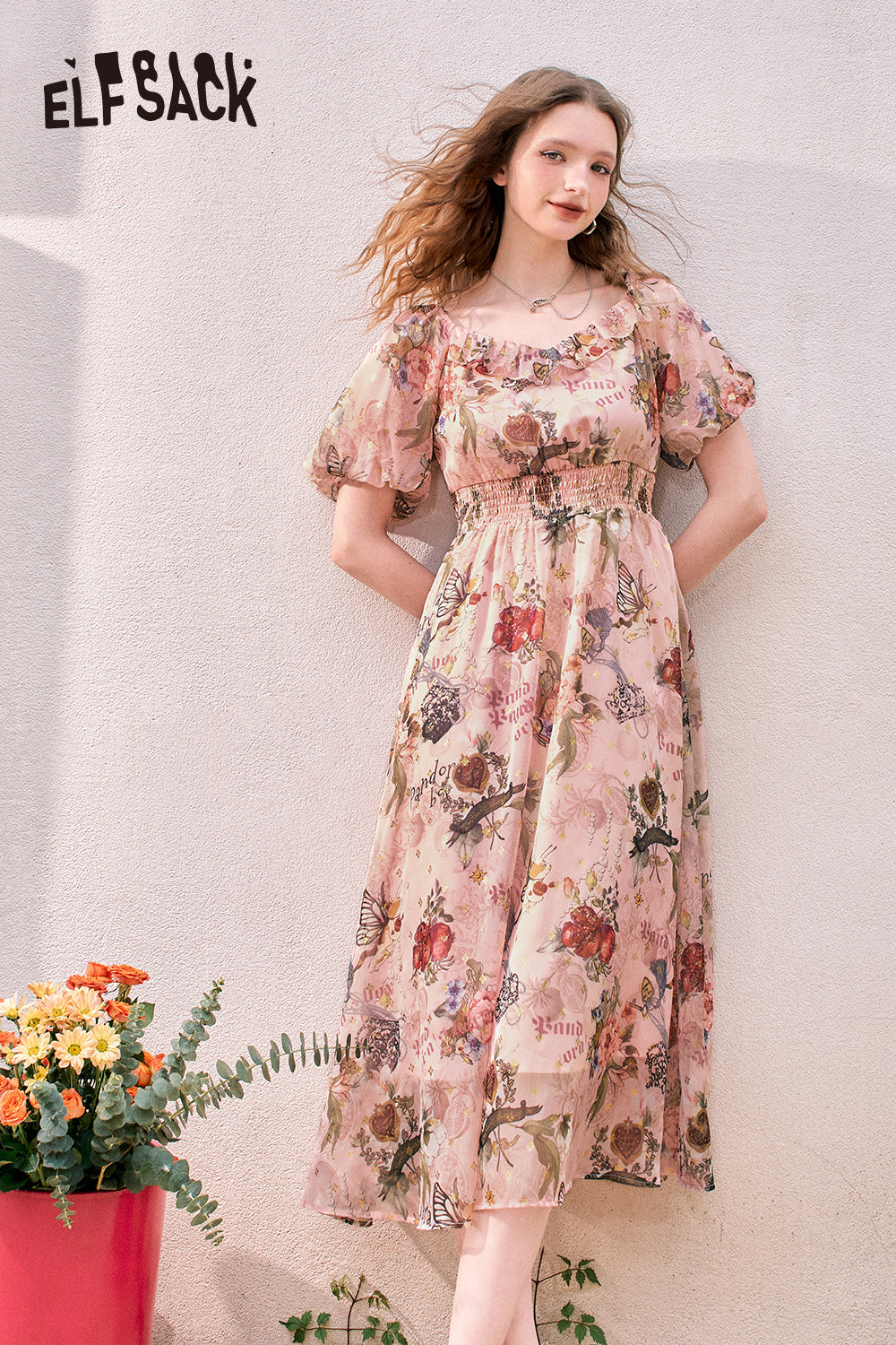 ELFSACK Puff Sleeve Floral Pattern Waist-Lining Temperament Holiday Princess Dress