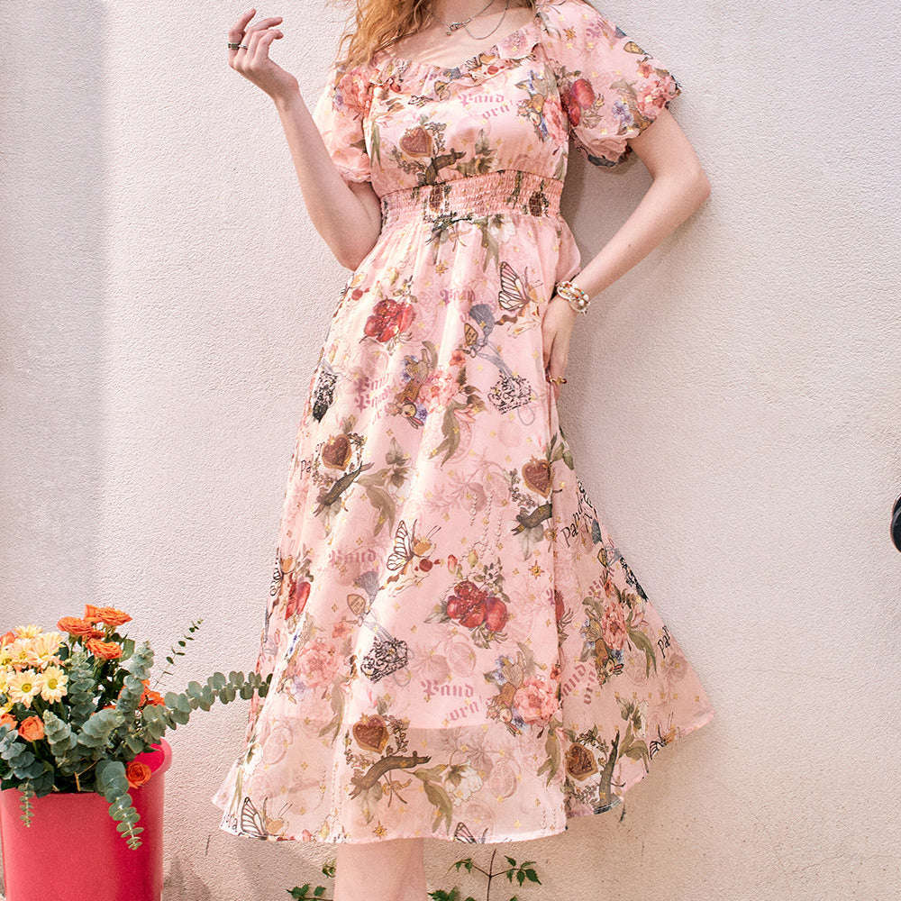 ELFSACK 2024 Summer New Puff Sleeve Floral Pattern Waist-Lining Temperament Holiday Princess Dress for women