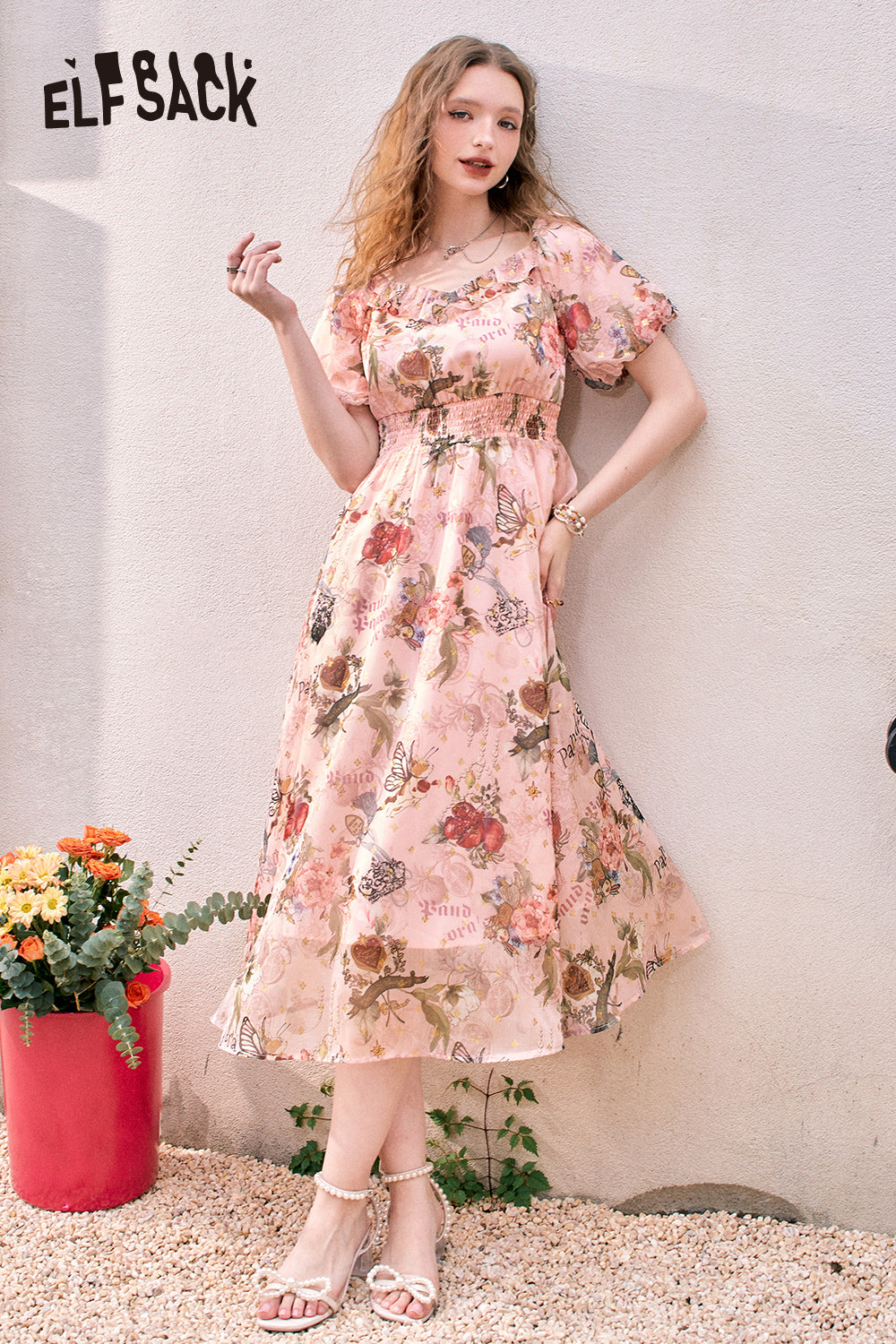 ELFSACK Puff Sleeve Floral Pattern Waist-Lining Temperament Holiday Princess Dress