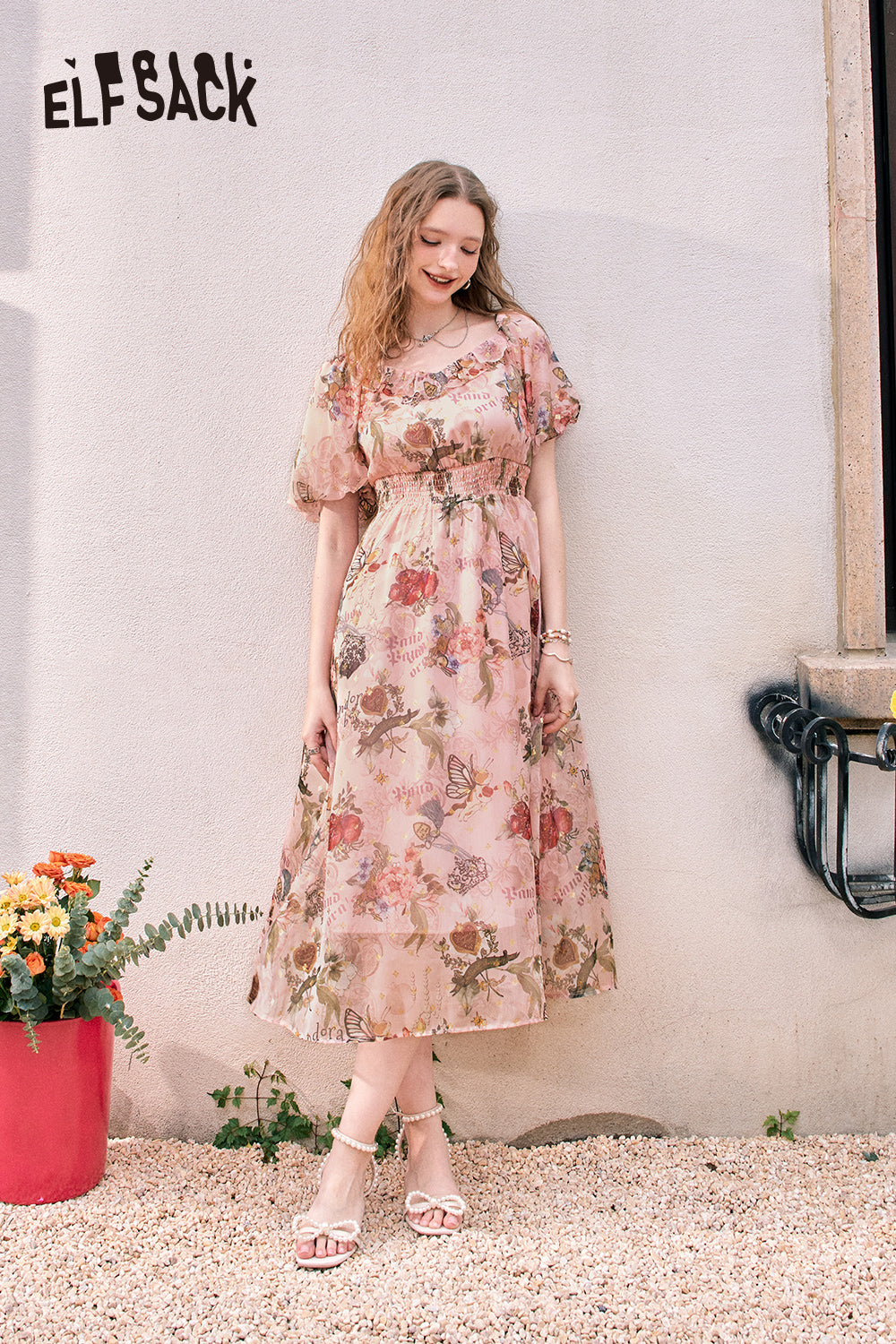 ELFSACK Puff Sleeve Floral Pattern Waist-Lining Temperament Holiday Princess Dress