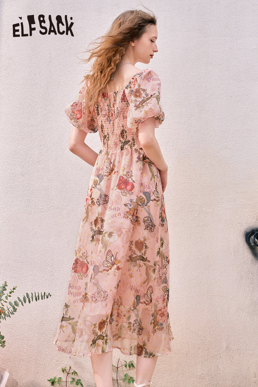 ELFSACK Puff Sleeve Floral Pattern Waist-Lining Temperament Holiday Princess Dress