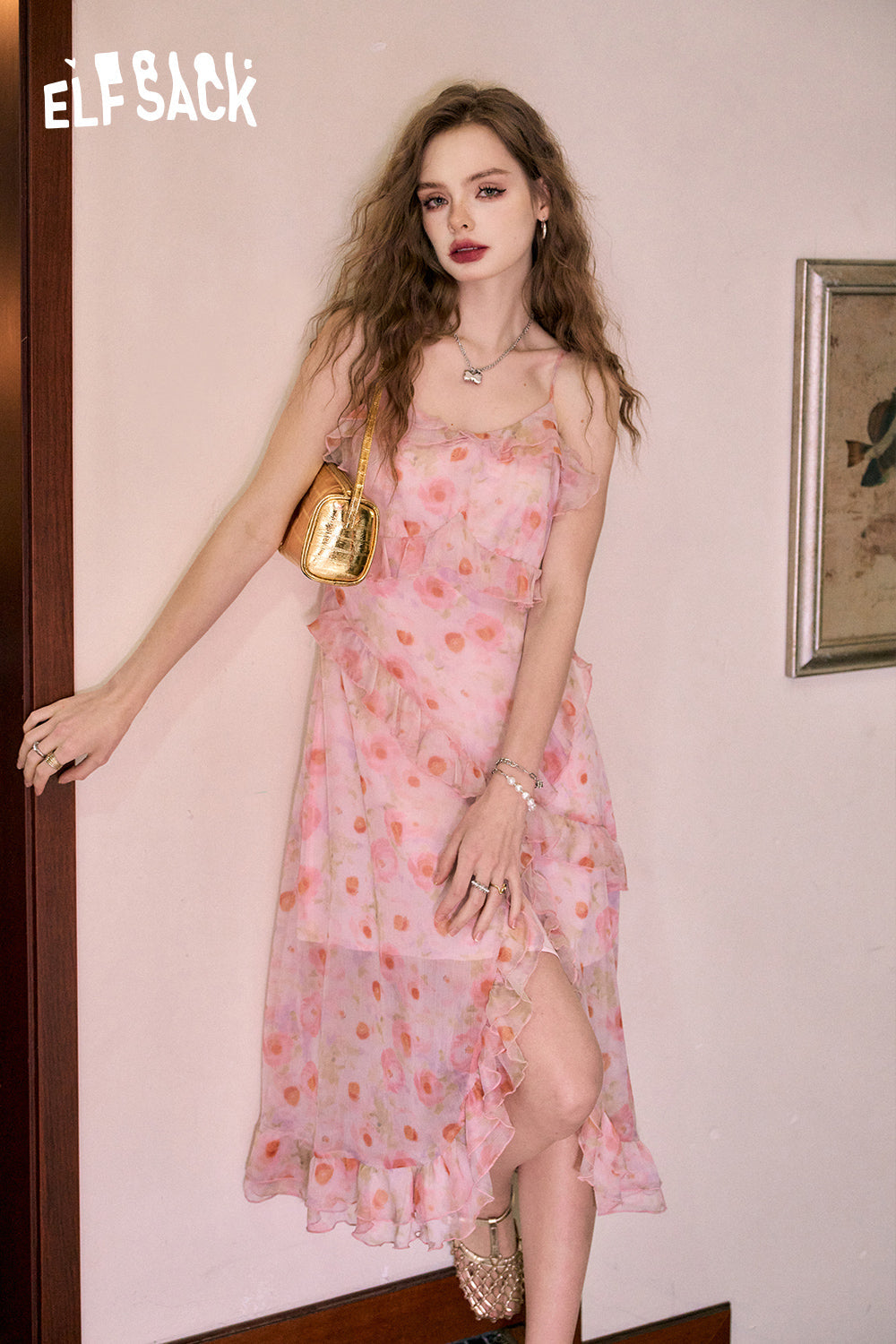 ELFSACK Gentle floral sling ruffled temperament light color sleeveless dress
