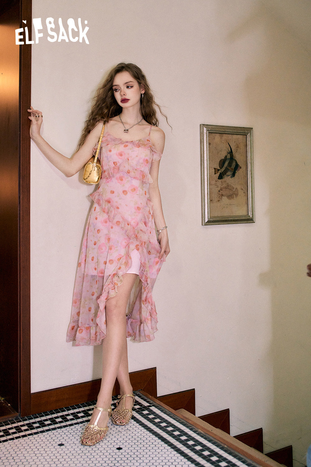 ELFSACK Gentle floral sling ruffled temperament light color sleeveless dress