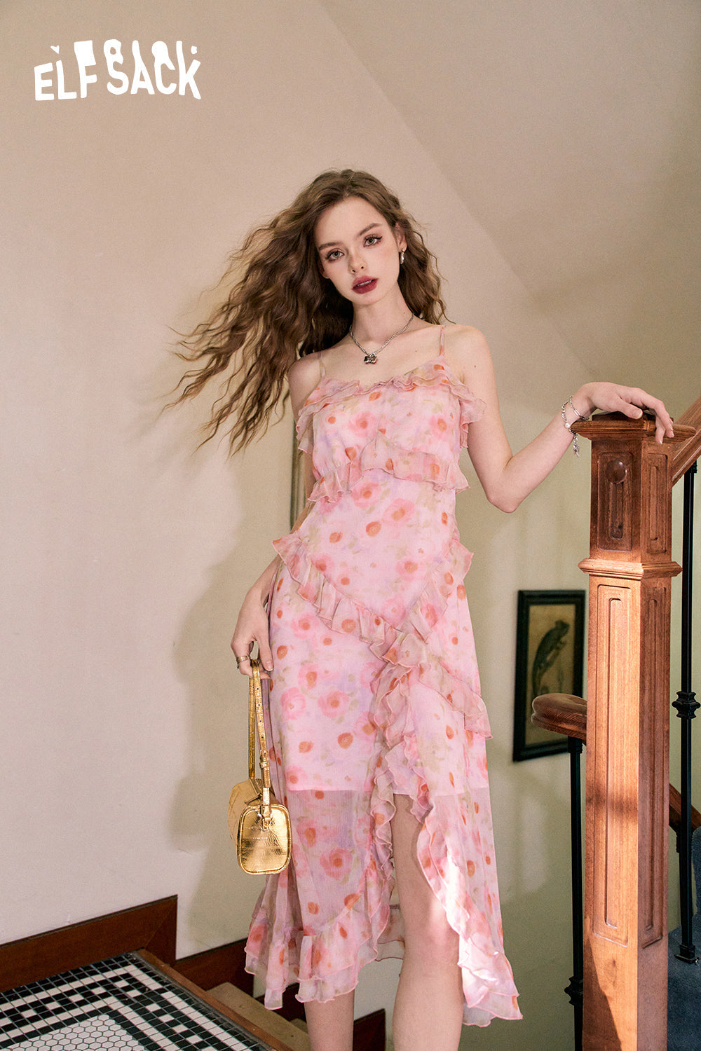 ELFSACK Gentle floral sling ruffled temperament light color sleeveless dress
