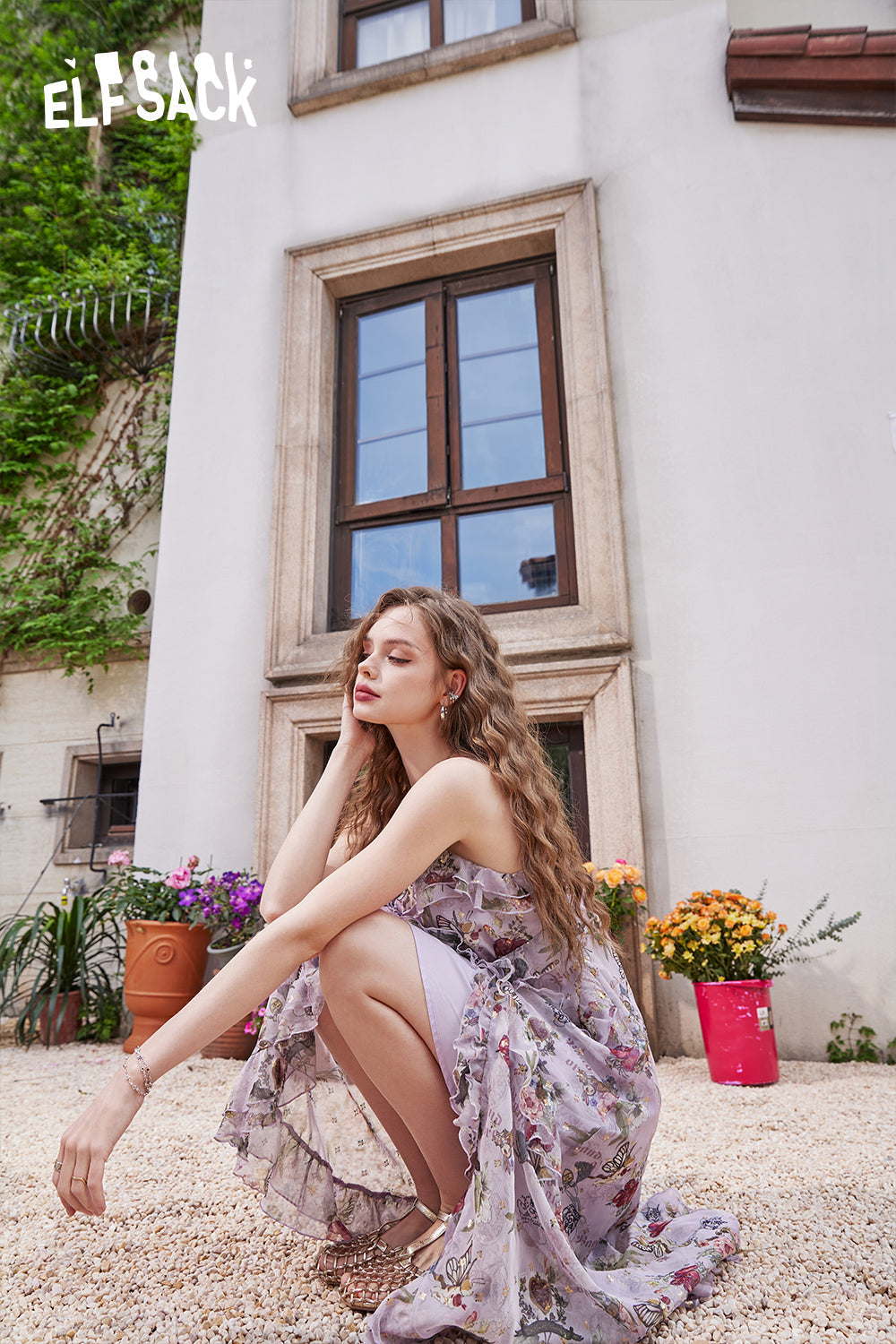 ELFSACK Gentle floral sling ruffled temperament light color sleeveless dress