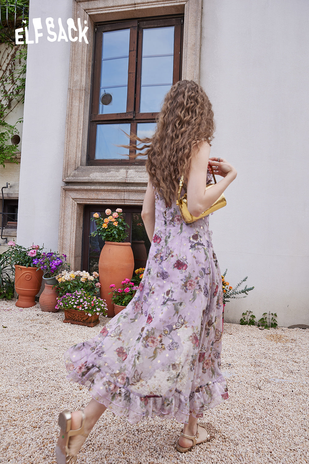 ELFSACK Gentle floral sling ruffled temperament light color sleeveless dress