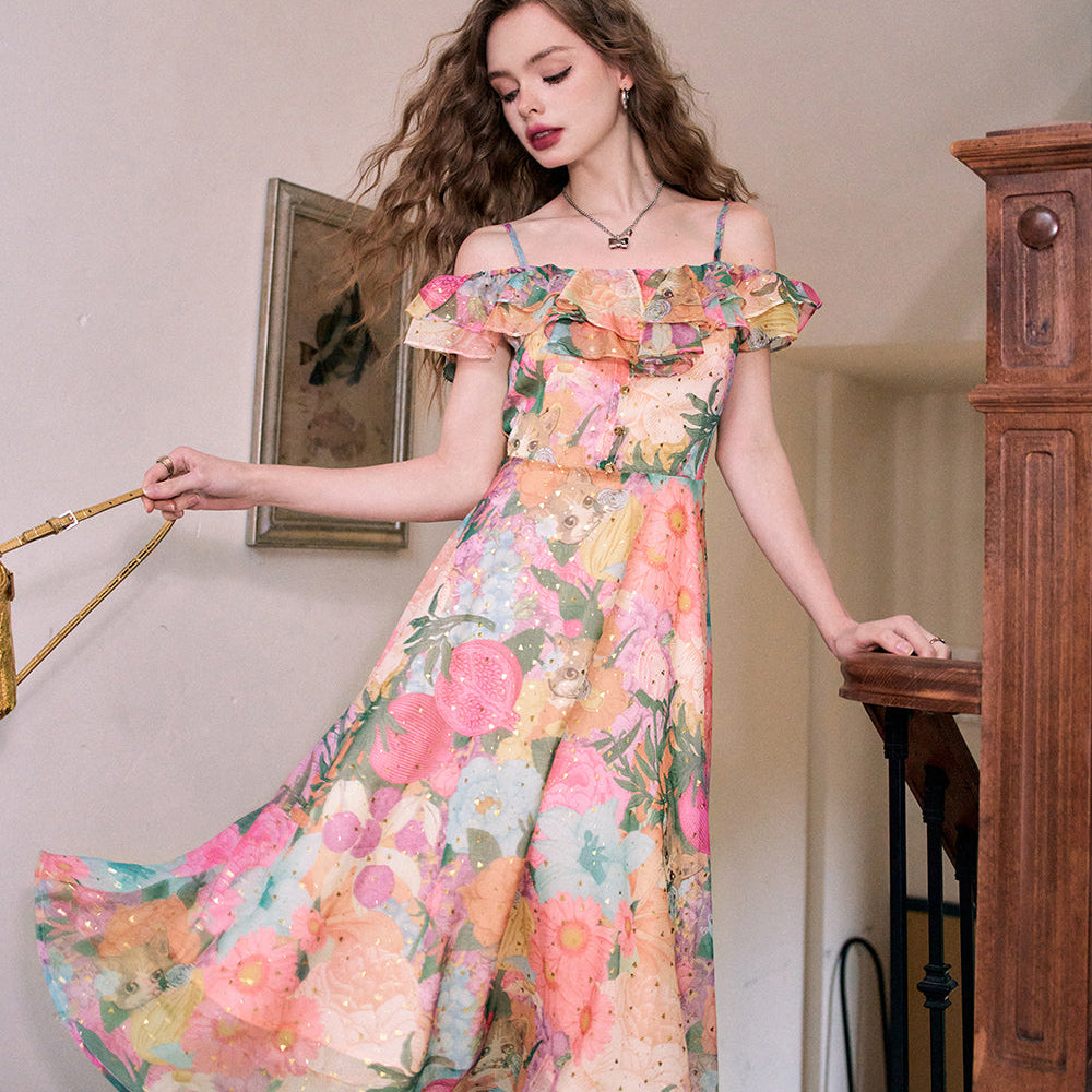 ELFSACK 2024 Summer New One-shoulder floral multi-color holiday style suspender dress for women