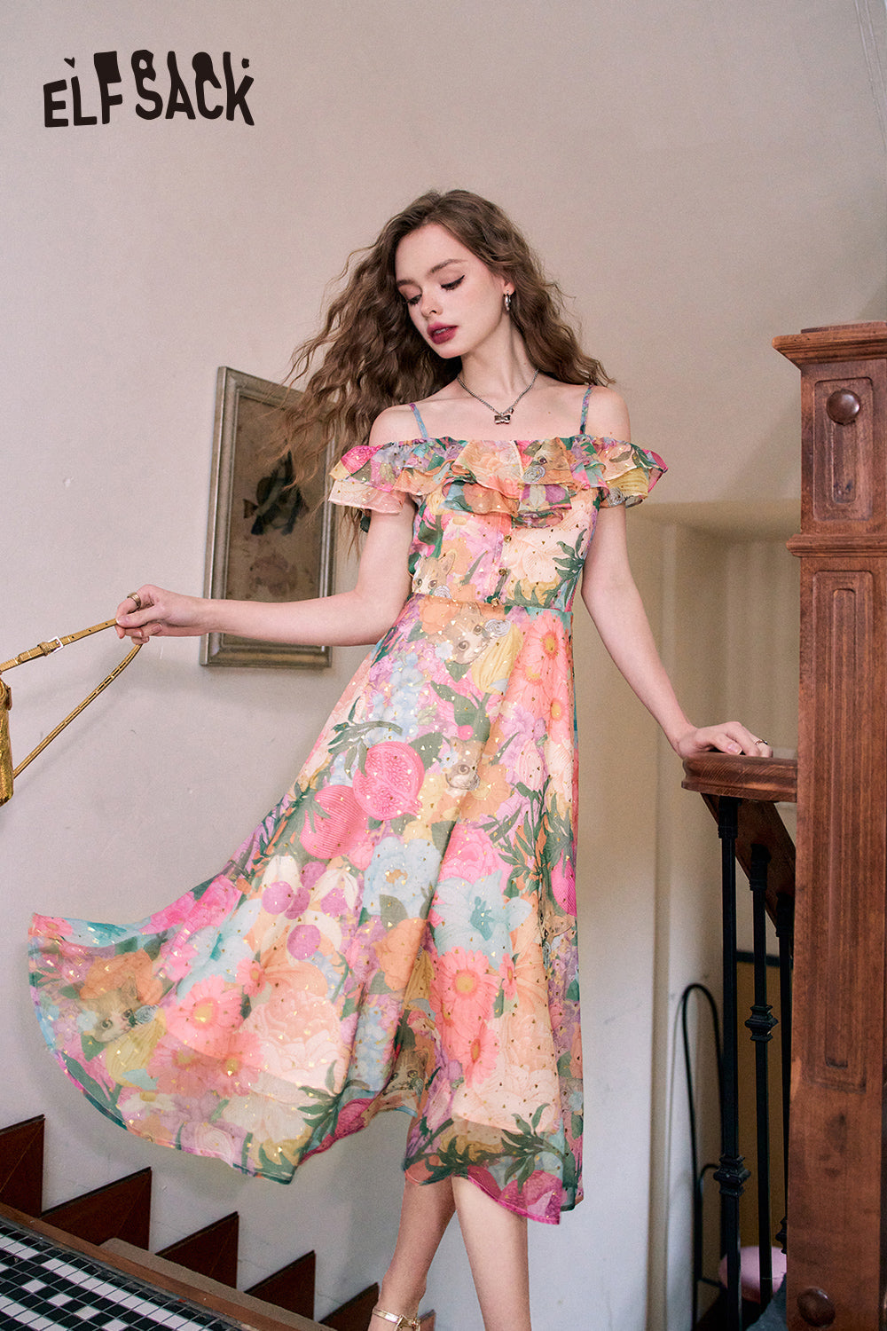 ELFSACK 2024 Summer New One-shoulder floral multi-color holiday style suspender dress for women