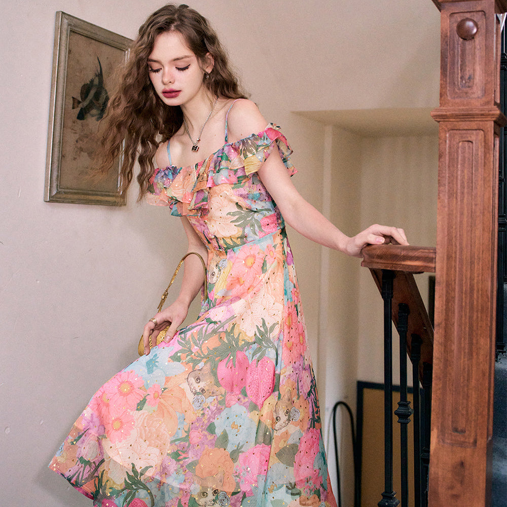 
                  
                    ELFSACK 2024 Summer New One-shoulder floral multi-color holiday style suspender dress for women
                  
                